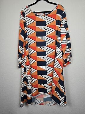 Odells Geometric Tunic Dress XL Orange Navy Retro Mod Boho Flowy